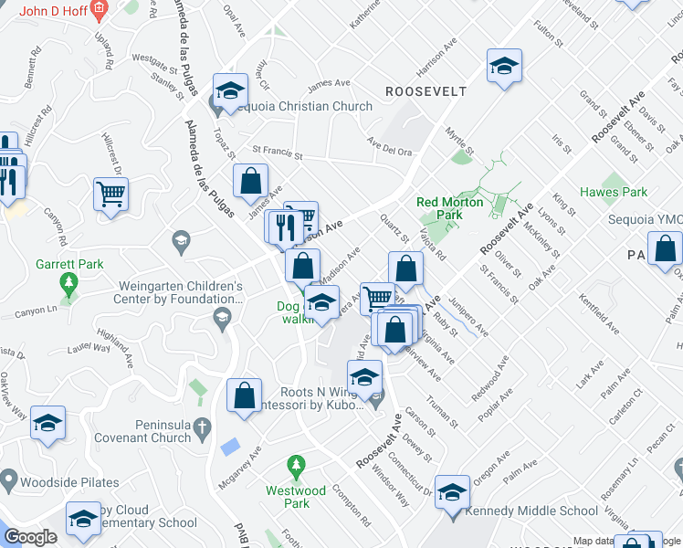 map of restaurants, bars, coffee shops, grocery stores, and more near 2009 Madison Avenue in Redwood City