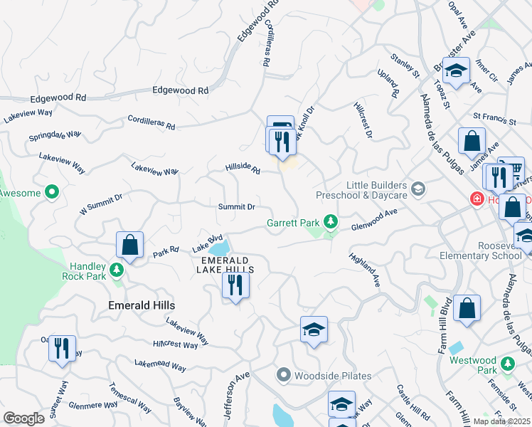 map of restaurants, bars, coffee shops, grocery stores, and more near 552 Summit Drive in Emerald Hills