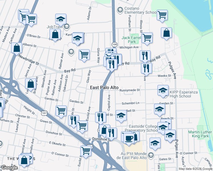 map of restaurants, bars, coffee shops, grocery stores, and more near 2330 University Avenue in East Palo Alto