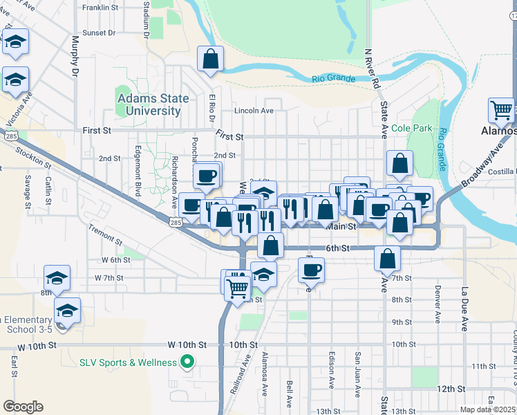 map of restaurants, bars, coffee shops, grocery stores, and more near 427 Alamosa Avenue in Alamosa