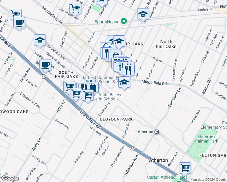 map of restaurants, bars, coffee shops, grocery stores, and more near 198 Loyola Avenue in Menlo Park