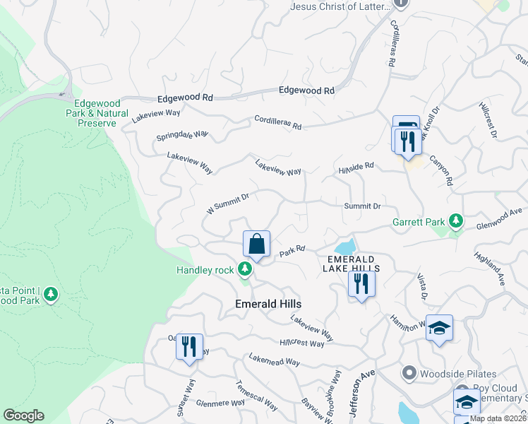 map of restaurants, bars, coffee shops, grocery stores, and more near 529 Lakeview Way in Emerald Hills
