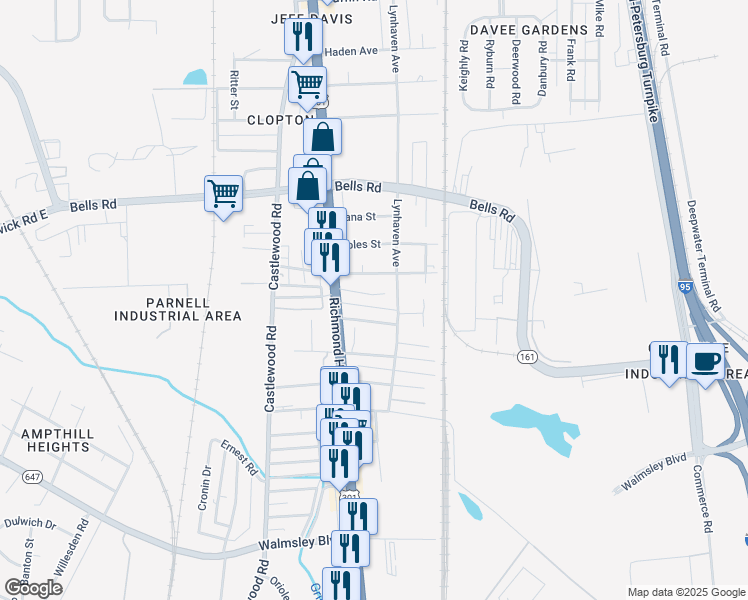 map of restaurants, bars, coffee shops, grocery stores, and more near 2512 Sisco Avenue in Richmond