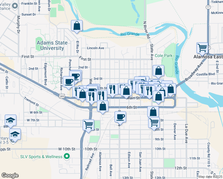 map of restaurants, bars, coffee shops, grocery stores, and more near 404 1/2 Bell Avenue in Alamosa