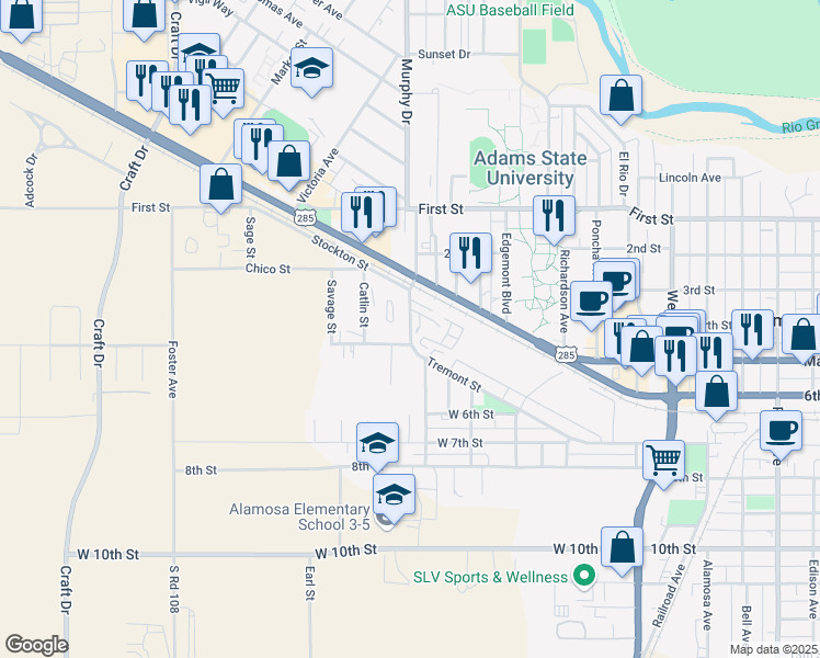 map of restaurants, bars, coffee shops, grocery stores, and more near 400 Washington Avenue in Alamosa