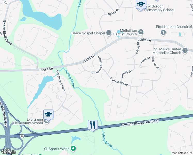 map of restaurants, bars, coffee shops, grocery stores, and more near 12124 Mansfield Terrace in Midlothian