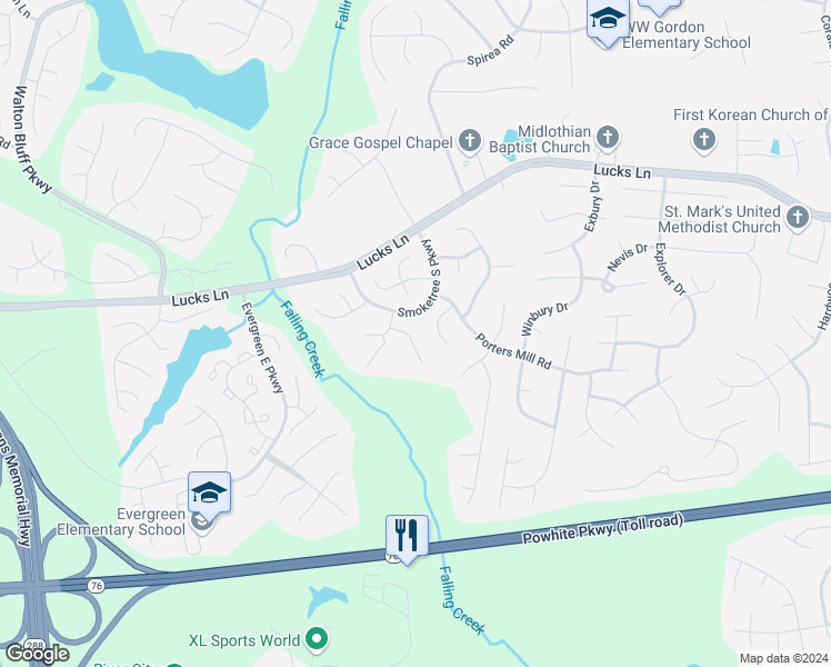 map of restaurants, bars, coffee shops, grocery stores, and more near 12124 Mansfield Terrace in Midlothian