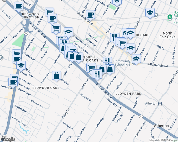 map of restaurants, bars, coffee shops, grocery stores, and more near 2991 El Camino Real in Redwood City