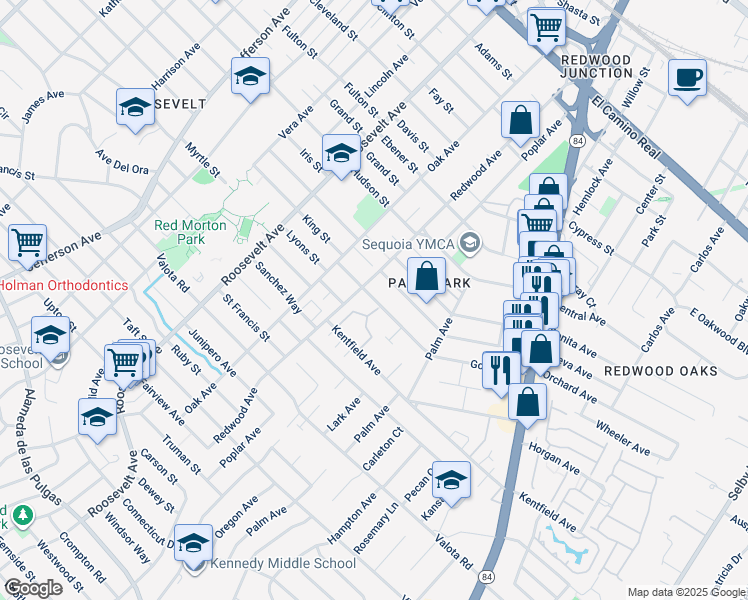map of restaurants, bars, coffee shops, grocery stores, and more near 1443 Kentfield Avenue in Redwood City