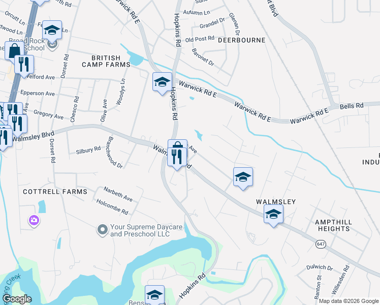 map of restaurants, bars, coffee shops, grocery stores, and more near 3840 Walmsley Boulevard in Richmond