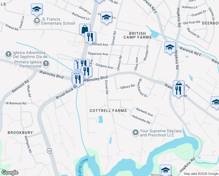 map of restaurants, bars, coffee shops, grocery stores, and more near 3608 Woodmere Drive in Richmond