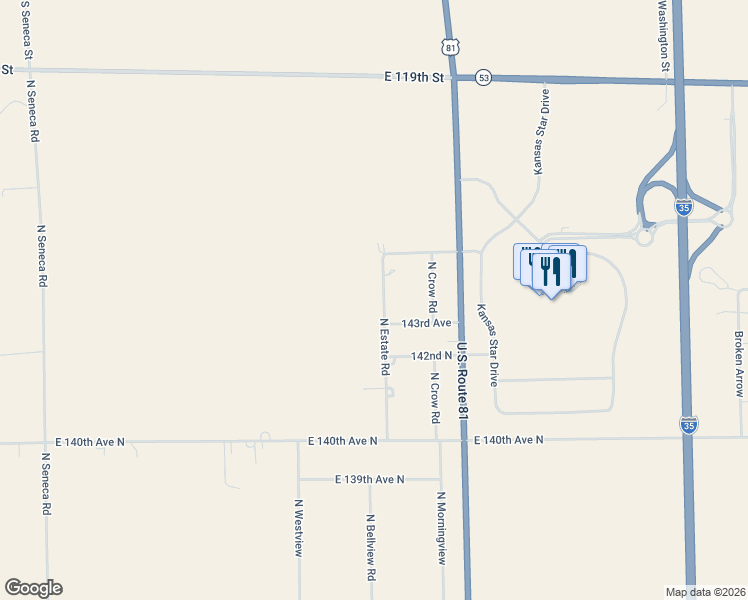 map of restaurants, bars, coffee shops, grocery stores, and more near 1401-1435 North Estate Road in Peck