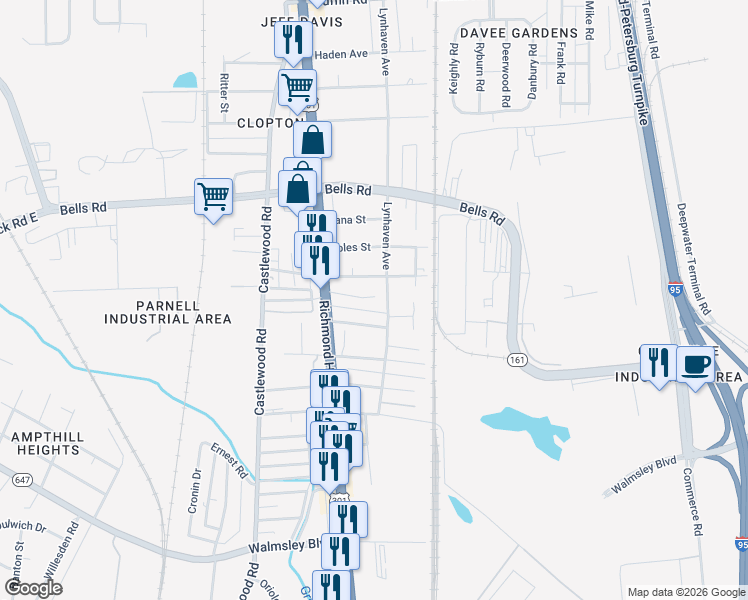 map of restaurants, bars, coffee shops, grocery stores, and more near 2512 Sisco Avenue in Richmond