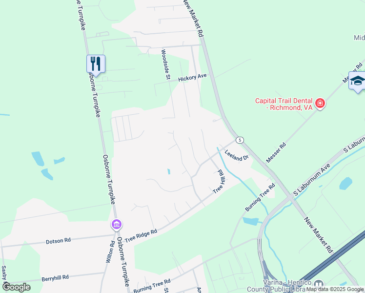 map of restaurants, bars, coffee shops, grocery stores, and more near 7145 Woodside Street in Henrico