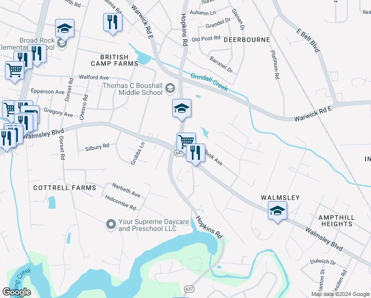 map of restaurants, bars, coffee shops, grocery stores, and more near 3924 Walmsley Boulevard in Richmond