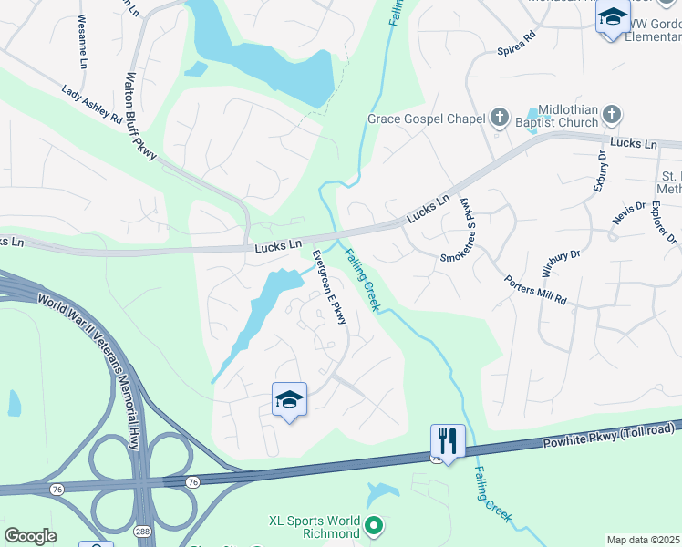 map of restaurants, bars, coffee shops, grocery stores, and more near 1407 Sycamore Ridge Court in Midlothian