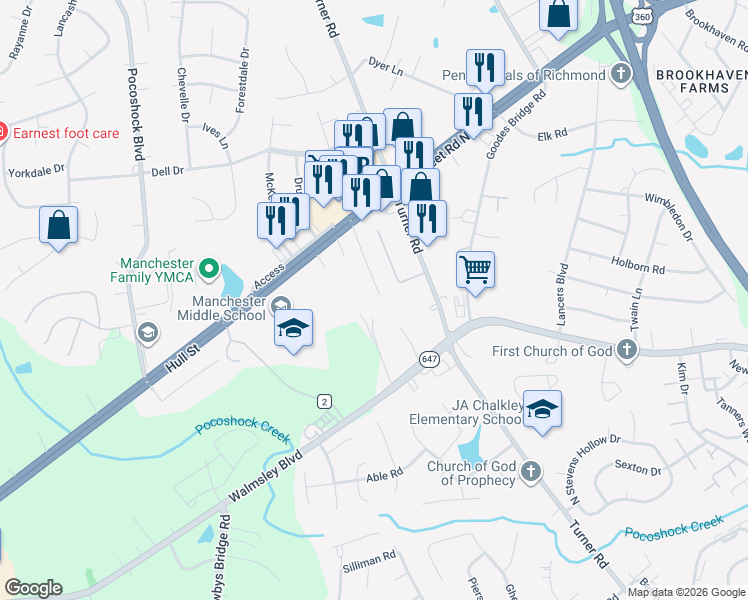 map of restaurants, bars, coffee shops, grocery stores, and more near 7022 Walmsley Boulevard in Richmond