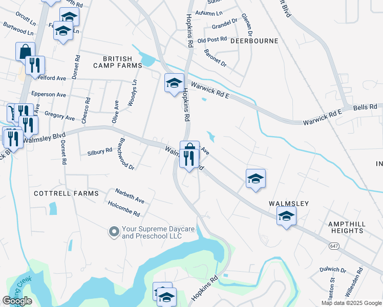 map of restaurants, bars, coffee shops, grocery stores, and more near 3924 Walmsley Boulevard in Richmond