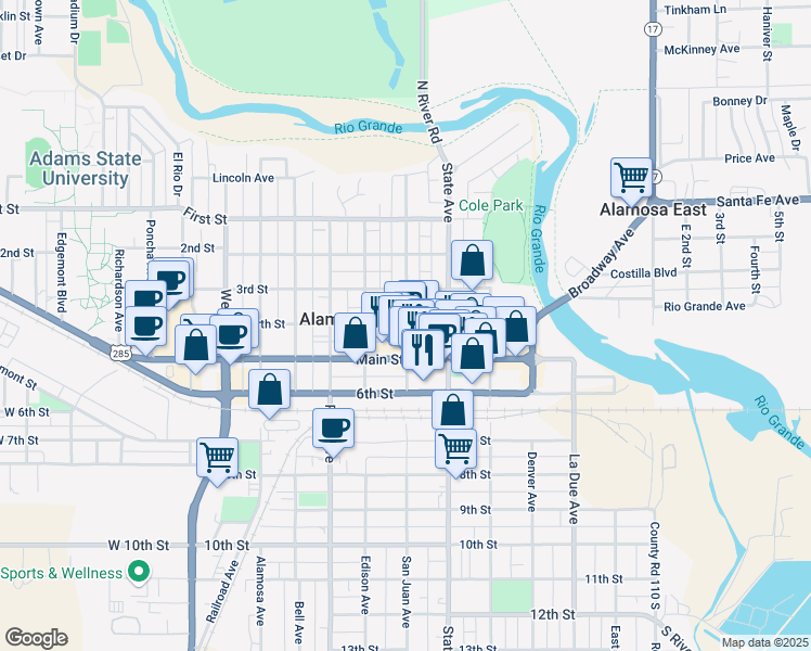 map of restaurants, bars, coffee shops, grocery stores, and more near 702 4th Street in Alamosa