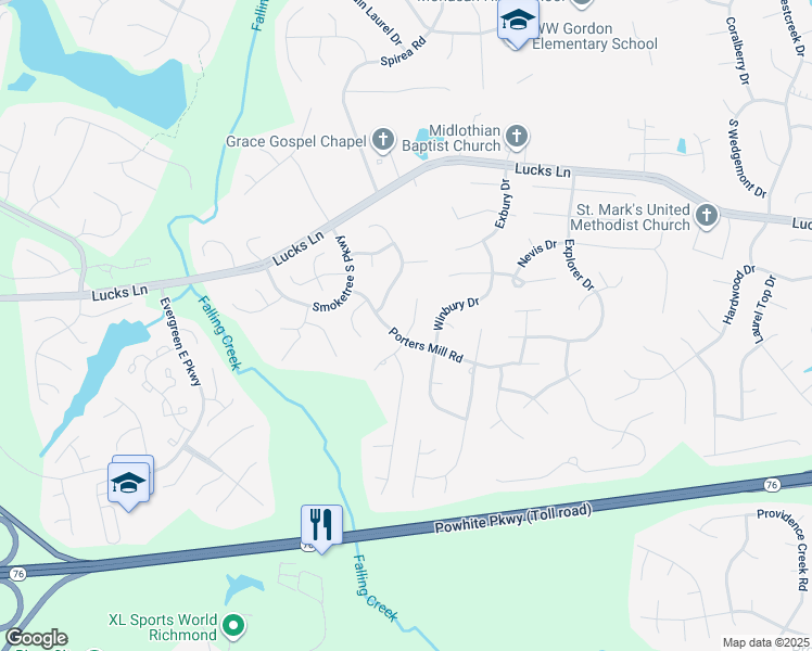 map of restaurants, bars, coffee shops, grocery stores, and more near 1436 Porters Mill Terrace in Midlothian