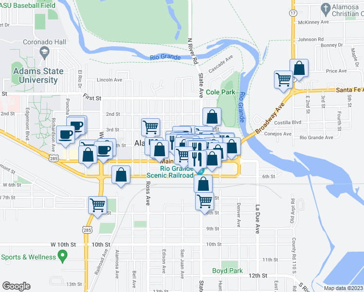 map of restaurants, bars, coffee shops, grocery stores, and more near 702 4th Street in Alamosa