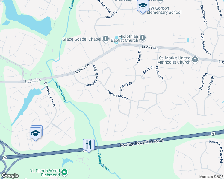 map of restaurants, bars, coffee shops, grocery stores, and more near 1436 Porters Mill Terrace in Midlothian