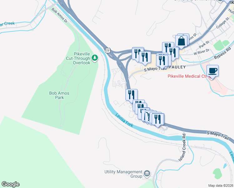 map of restaurants, bars, coffee shops, grocery stores, and more near 302 South Mayo Trail in Pikeville