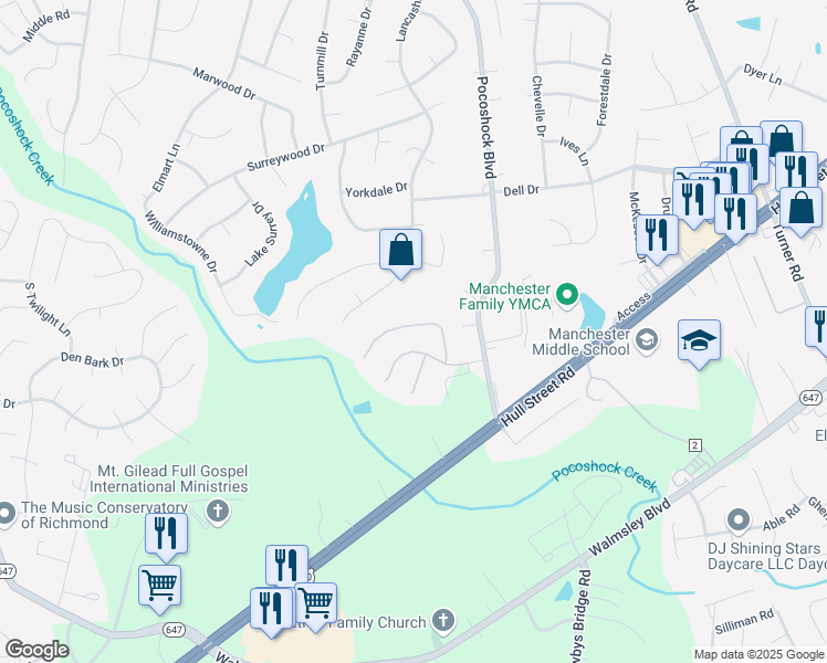 map of restaurants, bars, coffee shops, grocery stores, and more near 7767 Nathan Lane in Richmond