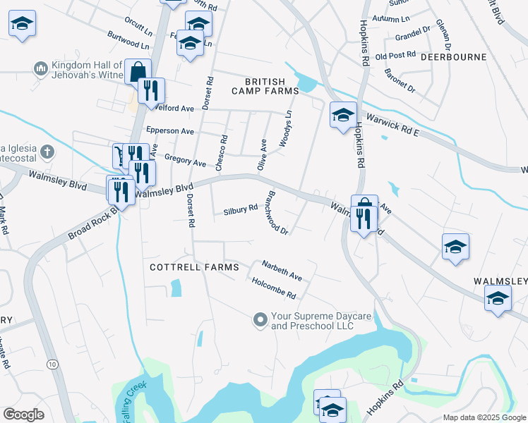 map of restaurants, bars, coffee shops, grocery stores, and more near 4200 Silbury Road in Richmond