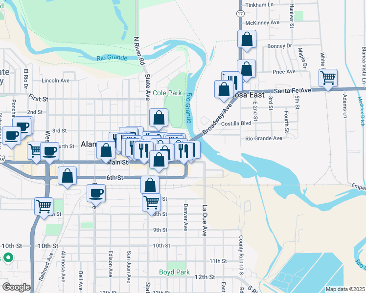 map of restaurants, bars, coffee shops, grocery stores, and more near 425 East 4th Street in Alamosa