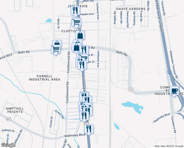 map of restaurants, bars, coffee shops, grocery stores, and more near 2515 Courtland Street in Richmond
