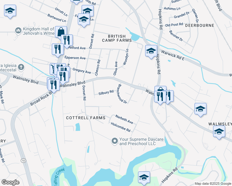 map of restaurants, bars, coffee shops, grocery stores, and more near 4200 Silbury Road in Richmond