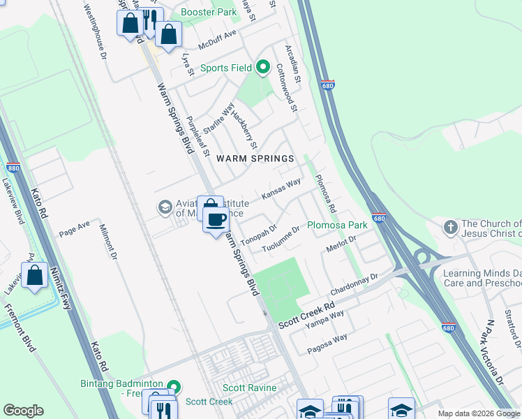 map of restaurants, bars, coffee shops, grocery stores, and more near 236 Ottawa Way in Fremont