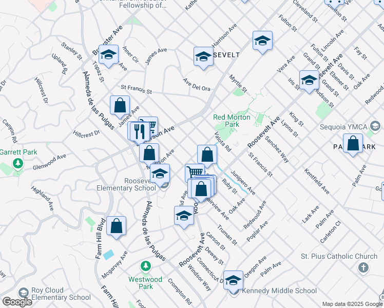 map of restaurants, bars, coffee shops, grocery stores, and more near 1830 Vera Avenue in Redwood City