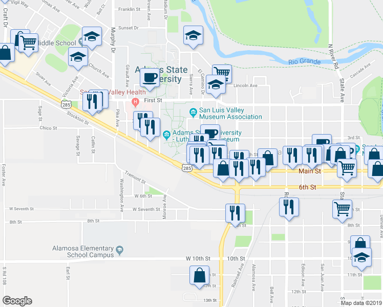 map of restaurants, bars, coffee shops, grocery stores, and more near 396 Richardson Avenue in Alamosa