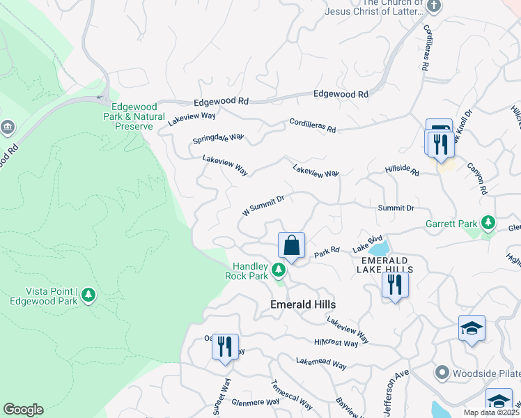 map of restaurants, bars, coffee shops, grocery stores, and more near 35 West Summit Drive in Emerald Hills