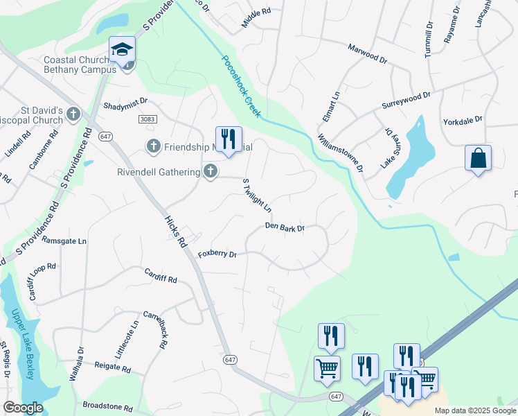 map of restaurants, bars, coffee shops, grocery stores, and more near 2130 South Twilight Lane in Richmond