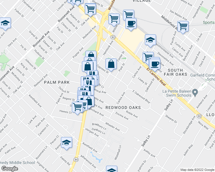 map of restaurants, bars, coffee shops, grocery stores, and more near 451 Center Street in Redwood City