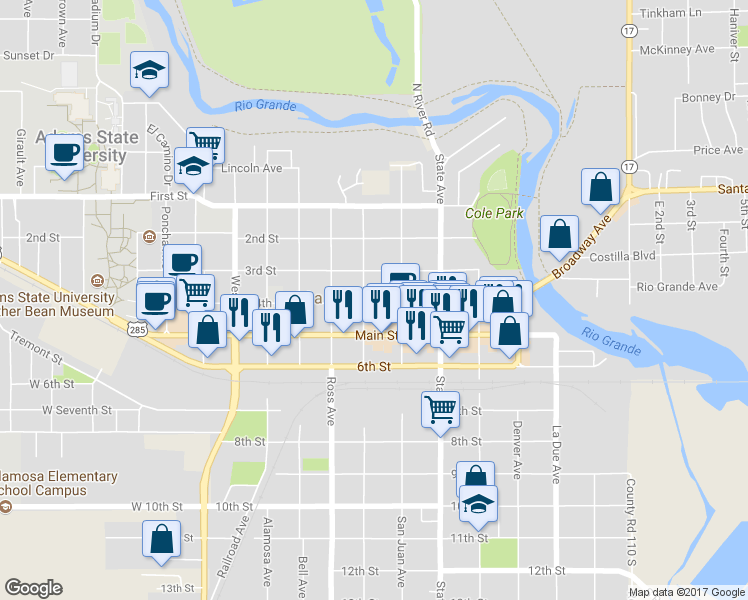 map of restaurants, bars, coffee shops, grocery stores, and more near 727 East 4th Street in Alamosa