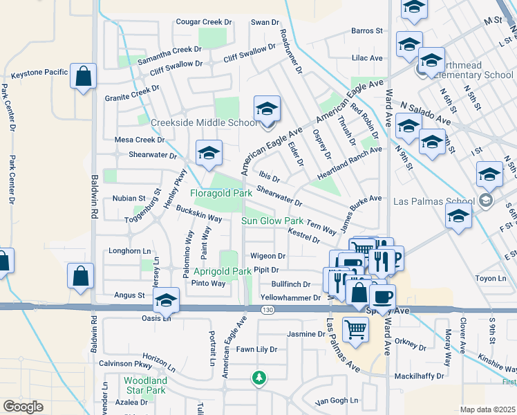 map of restaurants, bars, coffee shops, grocery stores, and more near 1234 Gannet Lane in Patterson