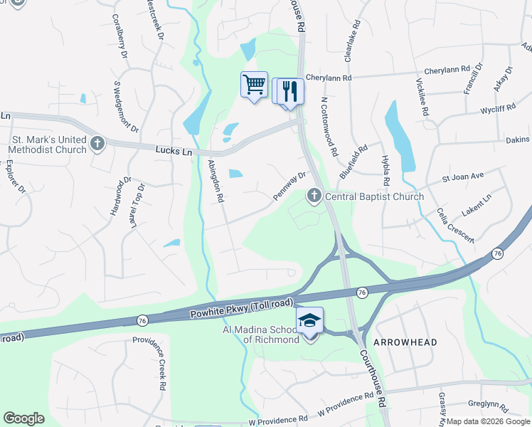 map of restaurants, bars, coffee shops, grocery stores, and more near 11031 Pennway Drive in Richmond