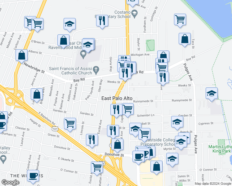 map of restaurants, bars, coffee shops, grocery stores, and more near 2364 University Avenue in Palo Alto