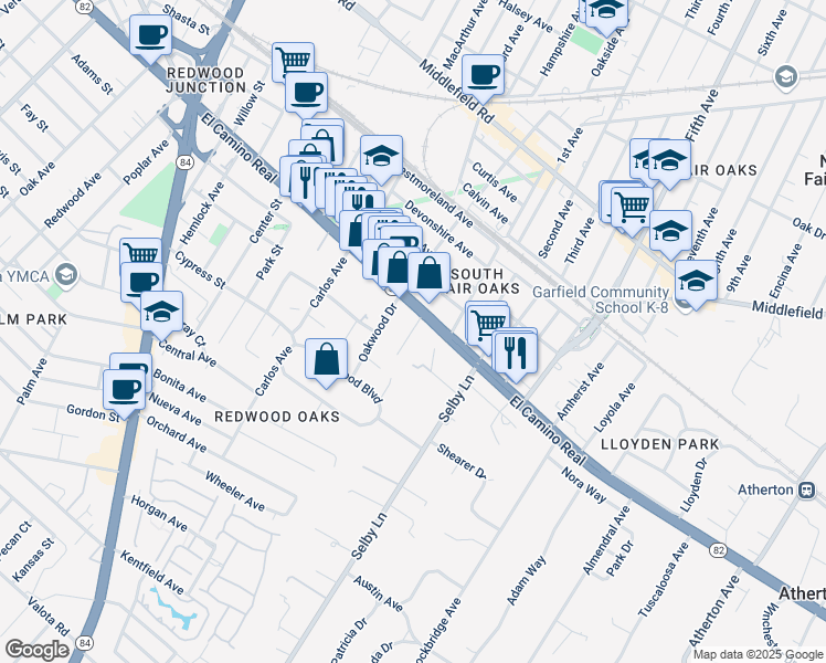 map of restaurants, bars, coffee shops, grocery stores, and more near 2800 El Camino Real in Redwood City