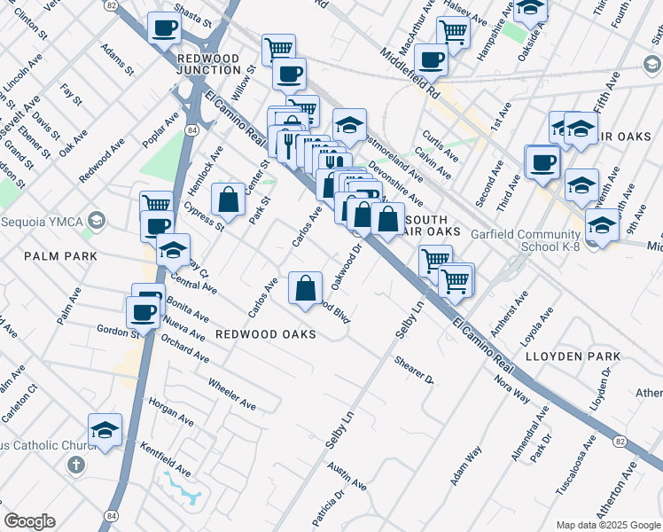 map of restaurants, bars, coffee shops, grocery stores, and more near 707 Leahy Street in Redwood City