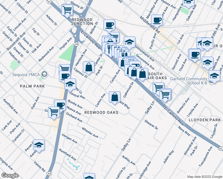 map of restaurants, bars, coffee shops, grocery stores, and more near 617 East Fox Court in Redwood City