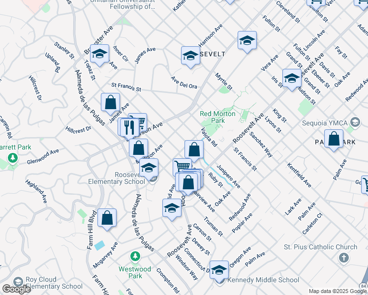 map of restaurants, bars, coffee shops, grocery stores, and more near 1718 Vera Avenue in Redwood City