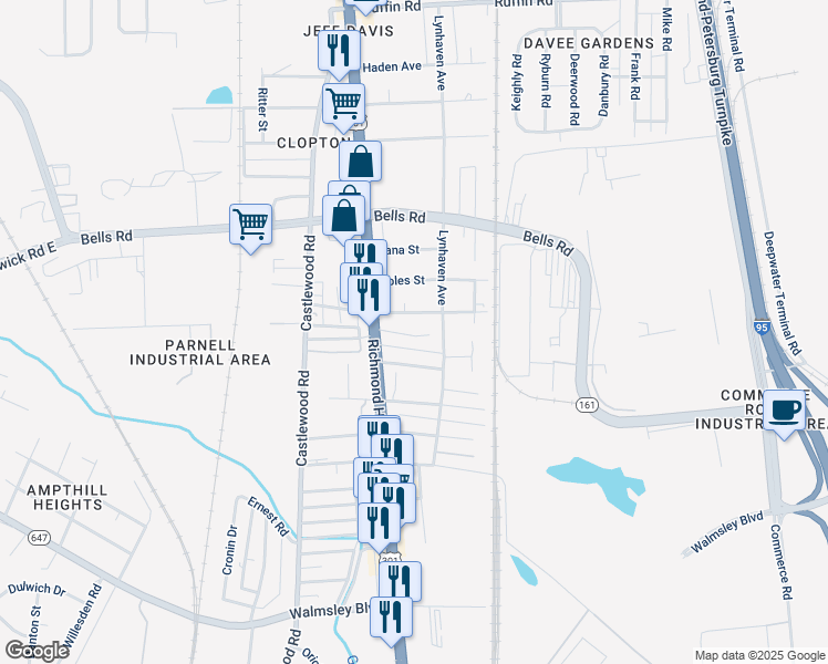 map of restaurants, bars, coffee shops, grocery stores, and more near 2515 Courtland Street in Richmond