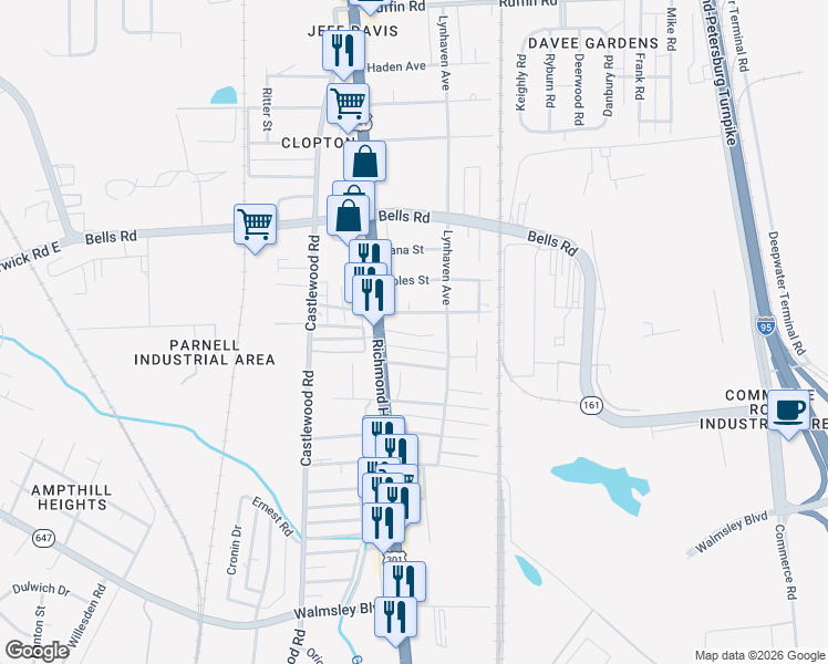 map of restaurants, bars, coffee shops, grocery stores, and more near 2515 Courtland Street in Richmond