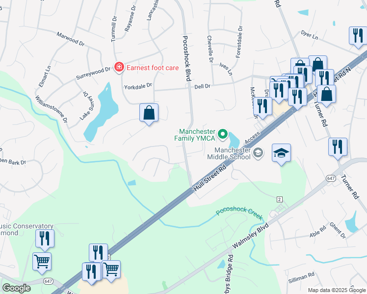 map of restaurants, bars, coffee shops, grocery stores, and more near 2450 Pocoshock Boulevard in Richmond