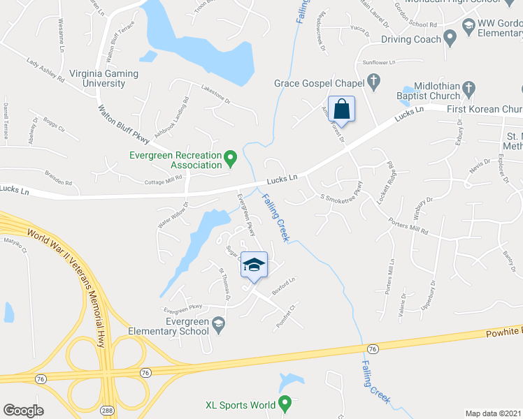 map of restaurants, bars, coffee shops, grocery stores, and more near 1407 Sycamore Ridge Court in Midlothian